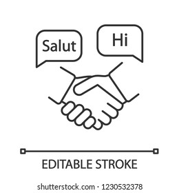 Foreign language for business linear icon. Business communication skills. Thin line illustration. Handshake and speech bubbles with hello. Negotiations. Vector isolated drawing. Editable stroke