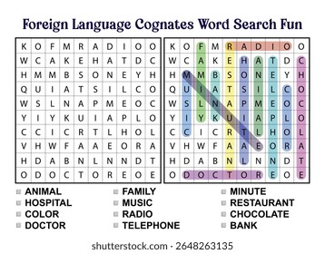 Foreign Language Cognates Word Search Puzzle Activity – Fun Multilingual Vocabulary Learning Game for Kids