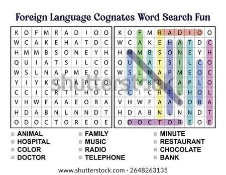 Foreign Language Cognates Word Search Puzzle Activity – Fun Multilingual Vocabulary Learning Game for Kids