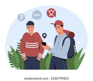Foreign language concept. Man does not understand tourist and traveler. Communication problems, international flights. Bad dialogue and discussion. Cartoon flat vector illustration