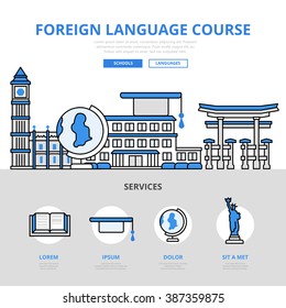 Foreign language course school college university education concept flat line art vector icons. Modern website infographics illustration hero image web banner. Lineart collection.