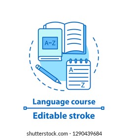 Foreign Language Courses Concept Icon. Grammar Learning. Idea Thin Line Illustration. Language Learning Materials. Vector Isolated Outline Drawing. Editable Stroke