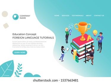 Foreign language courses tutorial concept. Vector flat cartoon graphic design illustration