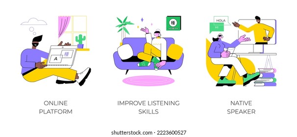 Foreign language distance learning isolated cartoon vector illustrations set. Online language learning platform, improve listening skills, video conference with native speaker vector cartoon.