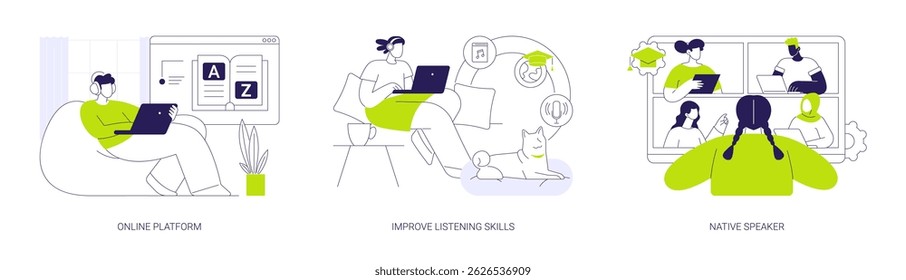Foreign language distance learning isolated cartoon vector illustrations set. Online language learning platform, improve listening skills, video conference with native speaker vector cartoon.