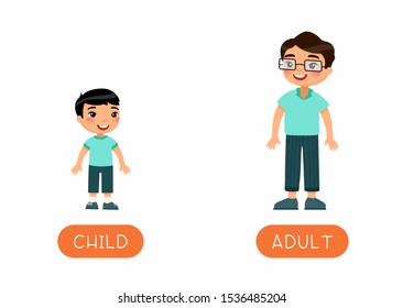 Foreign language educational flash card vector template. Word card for english learning. Opposites, age concept, adult and child. Grown up man and little boy flat illustration with typography