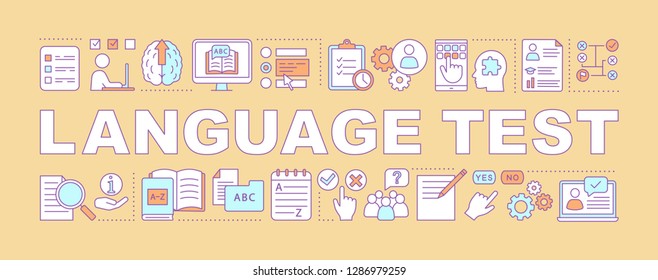 Foreign language exam word concepts banner. Presentation. Language proficiency test. Isolated lettering typography idea with linear icons. Online learning courses. Vector outline illustration