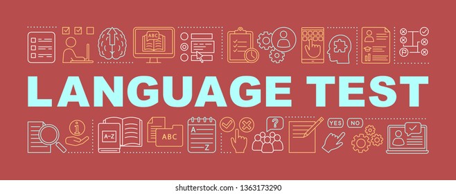 Foreign language exam word concepts banner. Online learning courses. Presentation. Language proficiency test. Isolated lettering typography idea with linear icons. Vector outline illustration