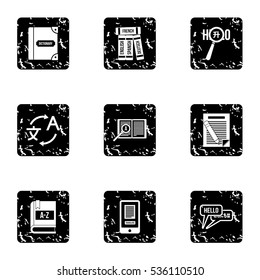 Foreign language icons set. Grunge illustration of 9 foreign language vector icons for web