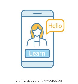 Foreign language learning app color icon. Online language lessons. Speaking practice with smartphone app. Educational program. E-learning. Online education. Isolated vector illustration