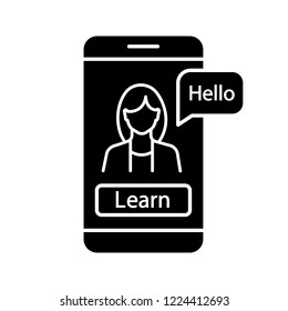 Foreign language learning app glyph icon. Online language lessons. Speaking practice with smartphone app. E-learning. Online education. Silhouette symbol. Negative space. Vector isolated illustration
