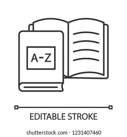 Foreign Language Learning Books Linear Icon. Language Lesson. Thin Line Illustration. Student’s Workbook. Educational Materials And Library. Contour Vector Isolated Outline Drawing. Editable Stroke