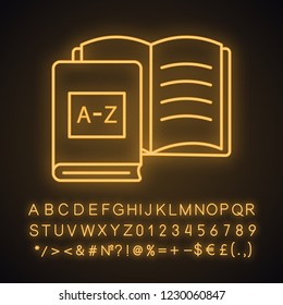 Foreign language learning books neon light icon. Language lesson. Student’s workbook. Educational materials and library. Glowing sign with alphabet, numbers and symbols. Vector isolated illustration