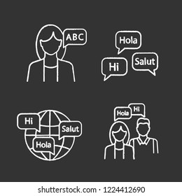 Foreign language learning chalk icons set. Teacher, courses, world languages, practical dialog. Isolated vector chalkboard illustrations