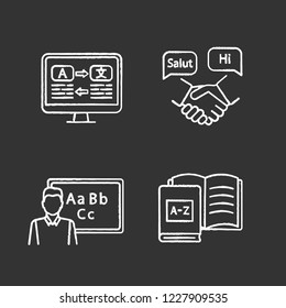Foreign language learning chalk icons set. Translation, language for business, native speaker, books. Isolated vector chalkboard illustrations