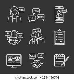 Foreign language learning chalk icons set. Teacher, foreign language courses, app, practice, test, translation, business communication, grammar. Isolated vector chalkboard illustrations