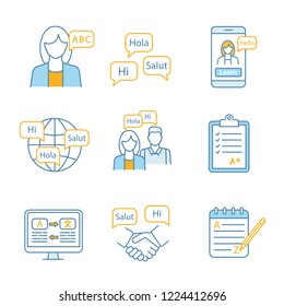 Foreign language learning color icons set. Teacher, foreign language courses, app, practice, test, translation, business communication, grammar. Isolated vector illustrations