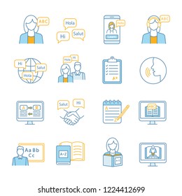 Foreign language learning color icons set. Speaking club, course, school. Basic language skills. Communication skills. Isolated vector illustrations