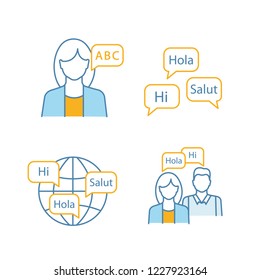 Foreign language learning color icons set. Teacher, courses, world languages, practical dialog. Isolated vector illustrations