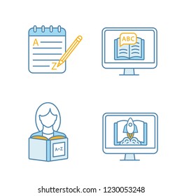 Foreign language learning color icons set. Grammar, e-learning, reading, start learning course. Isolated vector illustrations