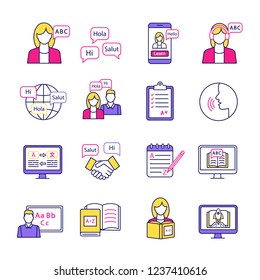 Foreign language learning color icons set. Speaking club, course, school. Basic language skills. Communication skills. Isolated vector illustrations