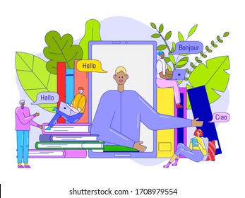 Foreign language learning course concept, online translation service, tiny people vector illustration. Cartoon characters saying hello, greeting in different languages. Dictionary and phrasebook app