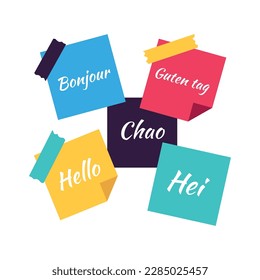 Foreign language learning flat icon with greetings written on colorful stickers vector illustration