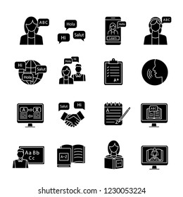 Foreign language learning glyph icons set. Speaking club, course, school. Basic language skills. Communication skills. Silhouette symbols. Vector isolated illustration