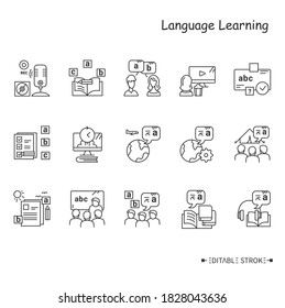 Foreign language learning line icon set. Learning methods, ways and processes. Speaking, listening, spelling, and more. Foreign languages learning . Isolated vector illustrations. Editable stroke