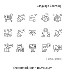 Foreign language learning line icon set. Learning methods, ways and processes. Speaking, listening, spelling, and more. Foreign languages learning . Isolated vector illustrations. Editable stroke