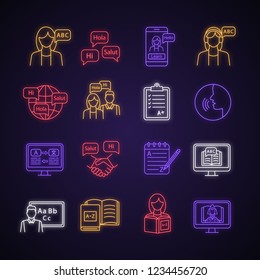 Foreign language learning neon light icons set. Speaking club, course, school. Basic language skills. Communication skills. Glowing signs. Vector isolated illustrations