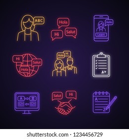 Foreign language learning neon light icons set. Teacher, foreign language courses, app, practice, test, translation, business communication, grammar. Glowing signs. Vector isolated illustrations