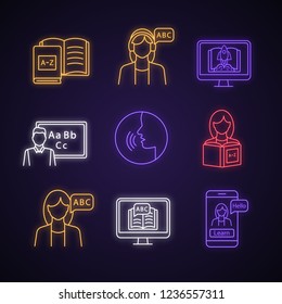 Foreign language learning neon light icons set. Pronunciation, listening, teacher, native speaker, books, reading, learning app, e-learning, translation. Glowing signs. Vector isolated illustrations