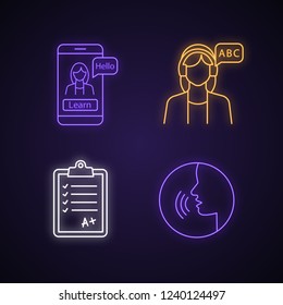 Foreign language learning neon light icons set. Educational app, listening, test, pronunciation. Glowing signs. Vector isolated illustrations