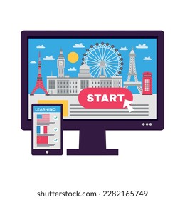 Foreign language learning online course and application flat icon vector illustration