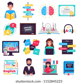 Foreign language learning programs tutors online courses training centers smartphone apps flat icons set isolated vector illustration 