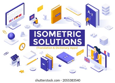 Fremdsprachenlernset - Menschen, die Grammatik über Online-Kurse, Internet-Bildungsdienste studieren. Sammlung isometrischer Design-Elemente einzeln auf weißem Hintergrund. Vektorgrafik.