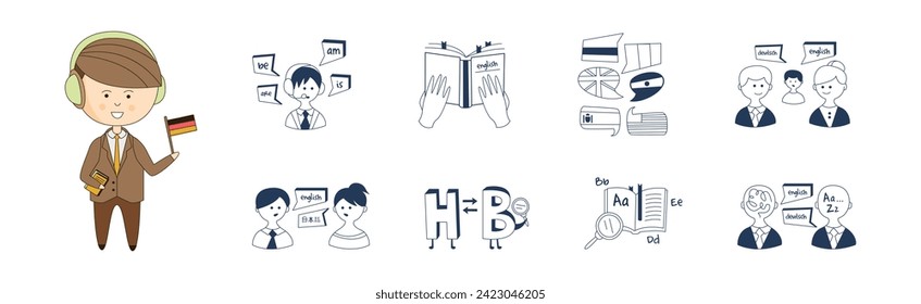 Foreign Language Learning and Study Line Element Vector Set