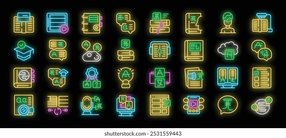 Foreign language learning and translation neon icons set vector. Foreign language educational books and dictionary, mobile translator application and linguist illustrations