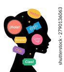 Foreign language learning. Woman head silhouette with multilingual speech labels and greetings. Simple vector illustration
