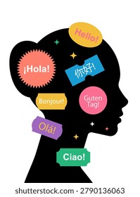 Foreign language learning. Woman head silhouette with multilingual speech labels and greetings. Simple vector illustration