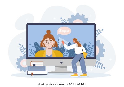 Fremdsprachenstunde Konzept. Frau studiert Englisch für internationale Kommunikation und Interaktion. Bildung, Lernen und Ausbildung. Cartoon flache Vektorillustration isoliert auf weißem Hintergrund