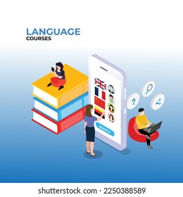 Foreign language online learning 3d isometric vector illustration concept for banner, website, landing page, ads, flyer template