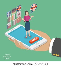 Foreign language online learning isometric vector. Smartphone on the mans palm with a teacher on it. Behind the teacher are several icons with languages to learn. English is active at the moment.