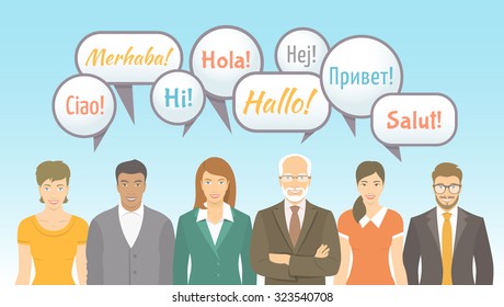 Foreign language school for adults conceptual banner. Group of men and women of different ages and lifestyles saying hello. Business and personal international communication. Vector flat illustration