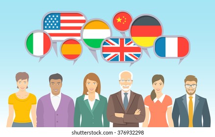 Foreign language school for adults. Group of different men and women with speech bubbles, flags of several countries. Business international communication flat vector illustration. 