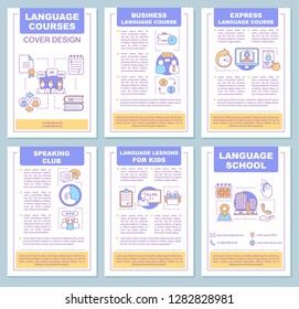 Foreign language school brochure template. Flyer, booklet, leaflet print design. Language learning for kids and adults. Speaking club, grammar. Vector page layouts for magazines, reports, posters