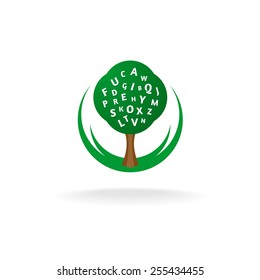 Foreign language school logo. Tree silhouette with latin letters inside a crown.