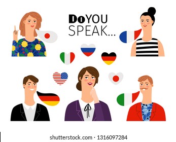 Foreign language school persons. International languages people teaching communication translations, men and women foreigners students, vector illustration