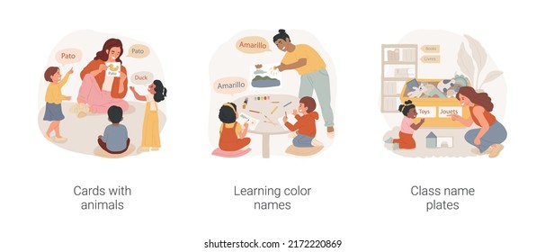 Foreign Language Study In Kindergarten Isolated Cartoon Vector Illustration Set. Cards With Animals, Learning Color Names, Class Name Plates, Early Education Bilingual Program Vector Cartoon.